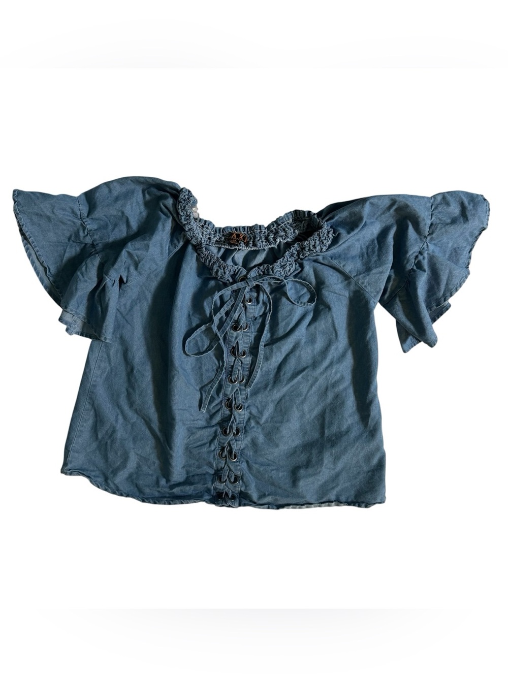 Taxi Lace Up Denim Crop Top 2X Blue Vintage Y2K/90s Peasant Blouse Bell Sleeves